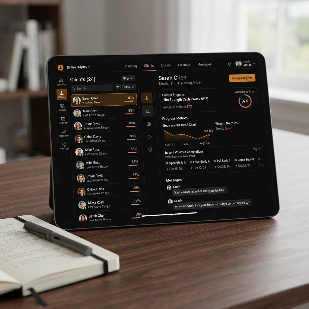 Coach view — client roster, progress metrics, and program assignment