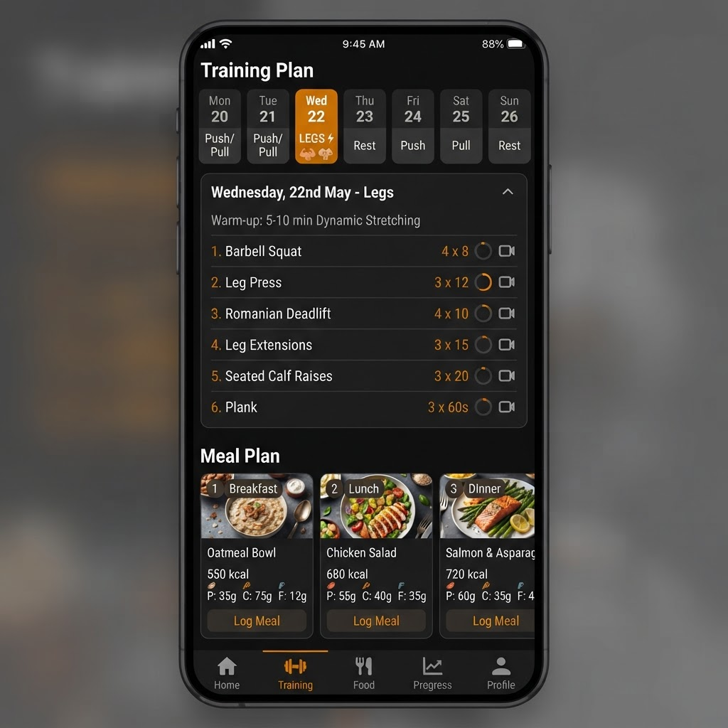 Weekly training plan with exercises and meal planning breakdown